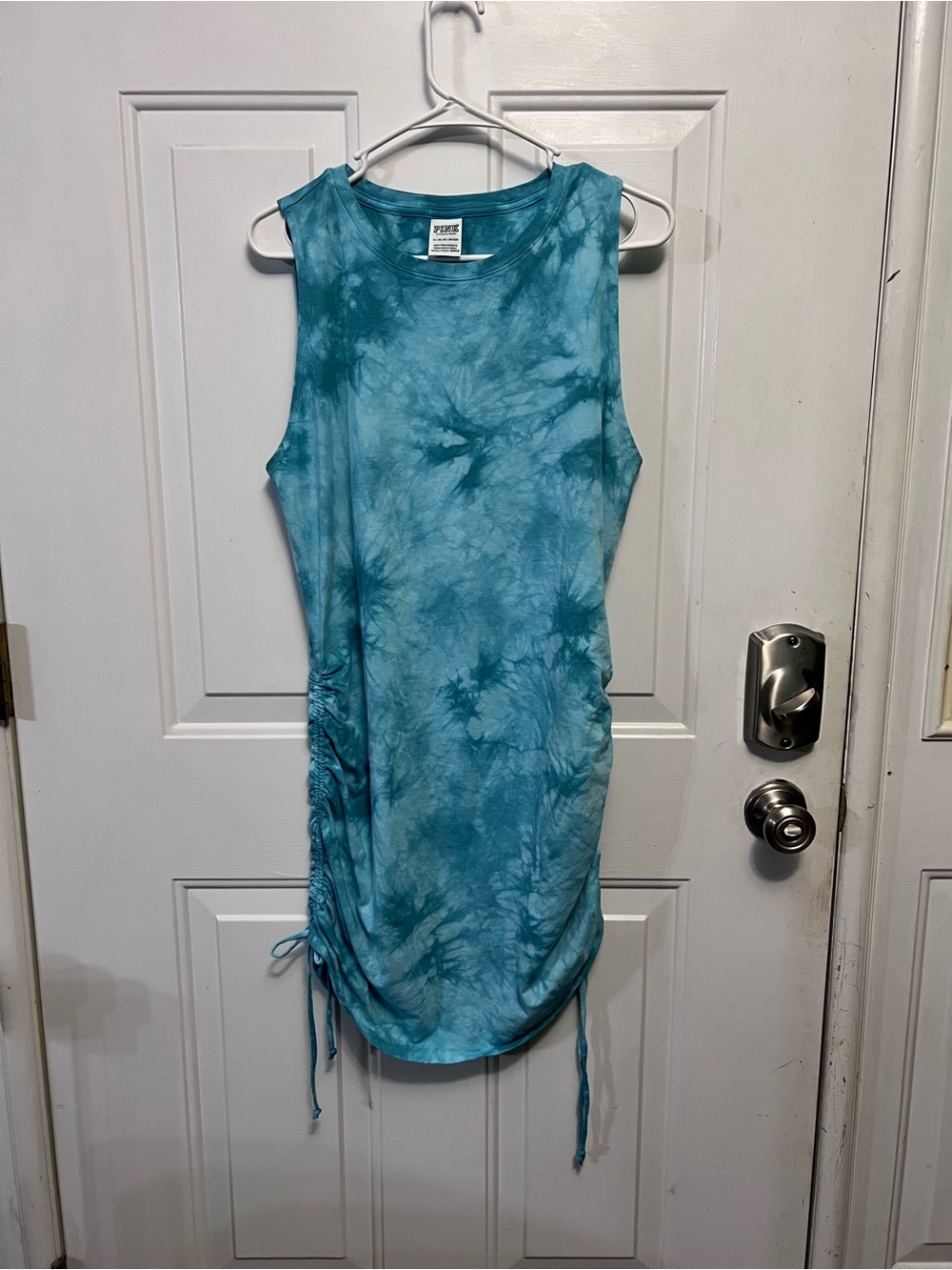PINK Victoria’s Secret Ruched Side Tie Dye Dress Womens XL Sleeveless Teal Blue